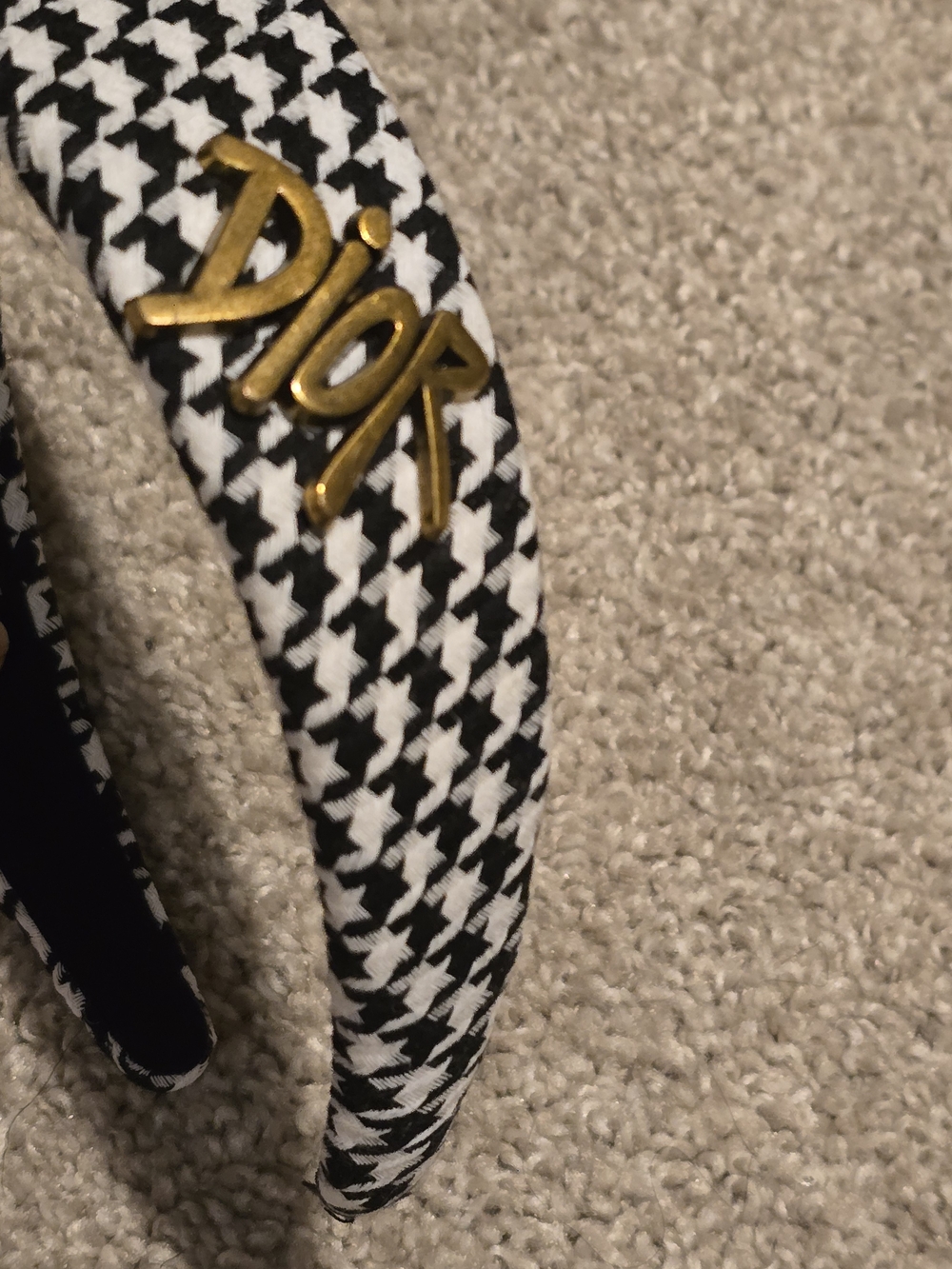 Dior Black and White Houndstooth Headband with Gold Logo Accent
